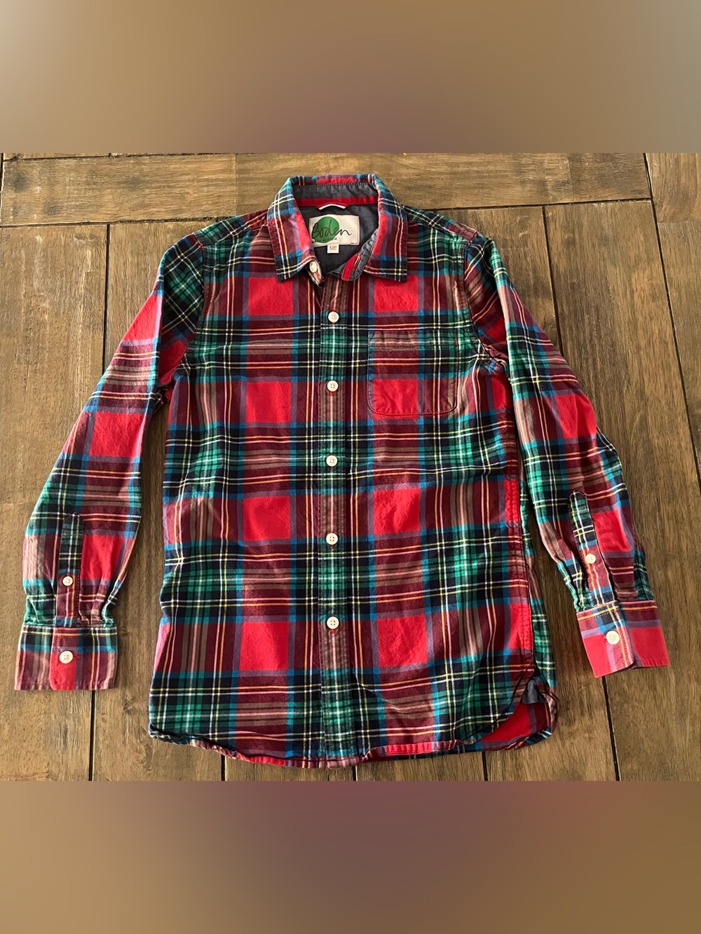 Boden Red and Green Plaid Button-Down Shirt kids size 9-10y